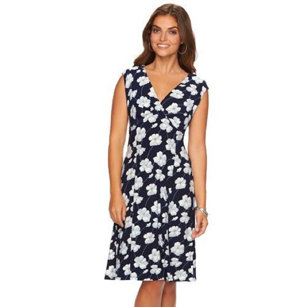 Chaps Navy Blue Floral Print Dress Sleeveless